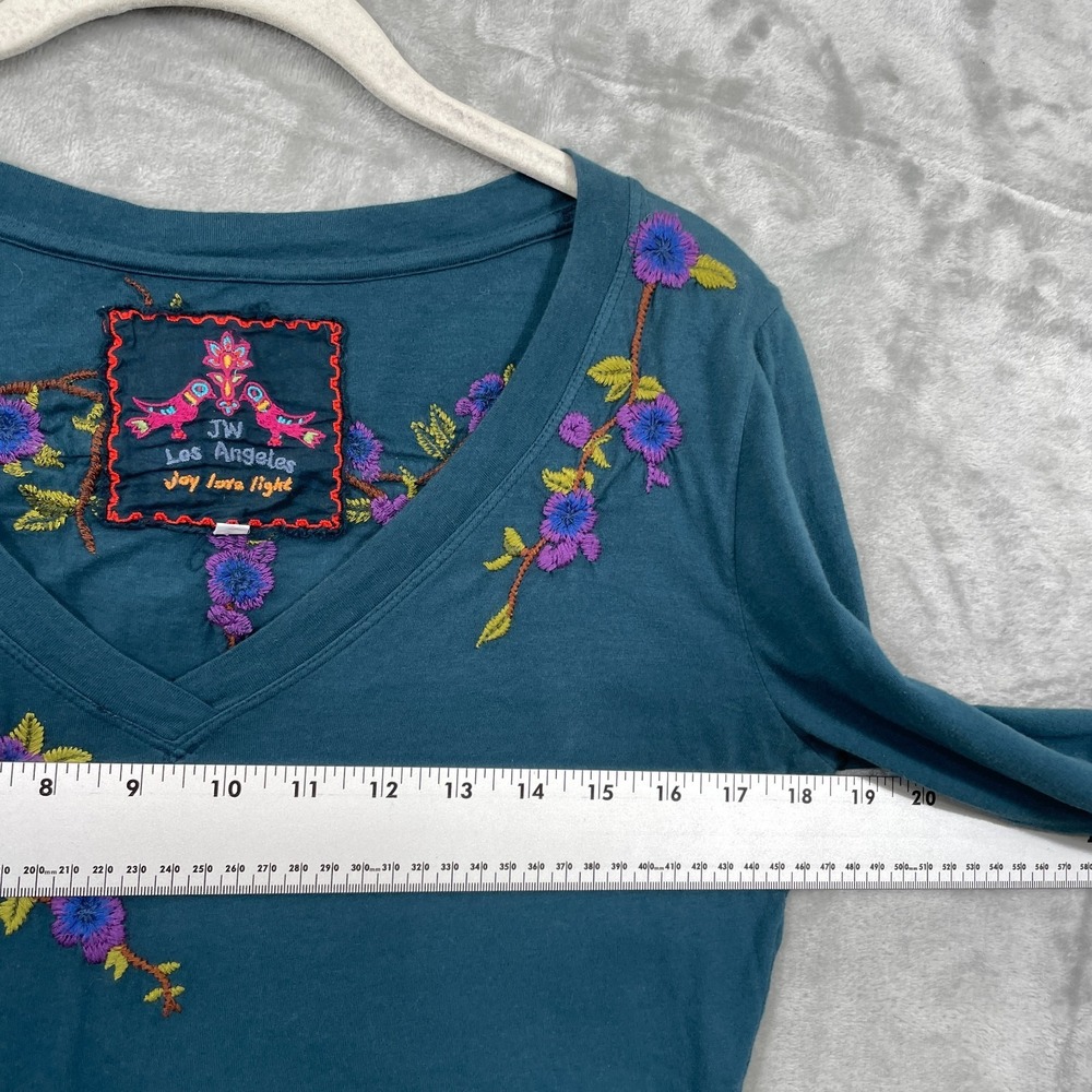 Johnny Was Teal Long Sleeve V-Neck Tee with Purple Floral Embroidery - Picture 4 of 7